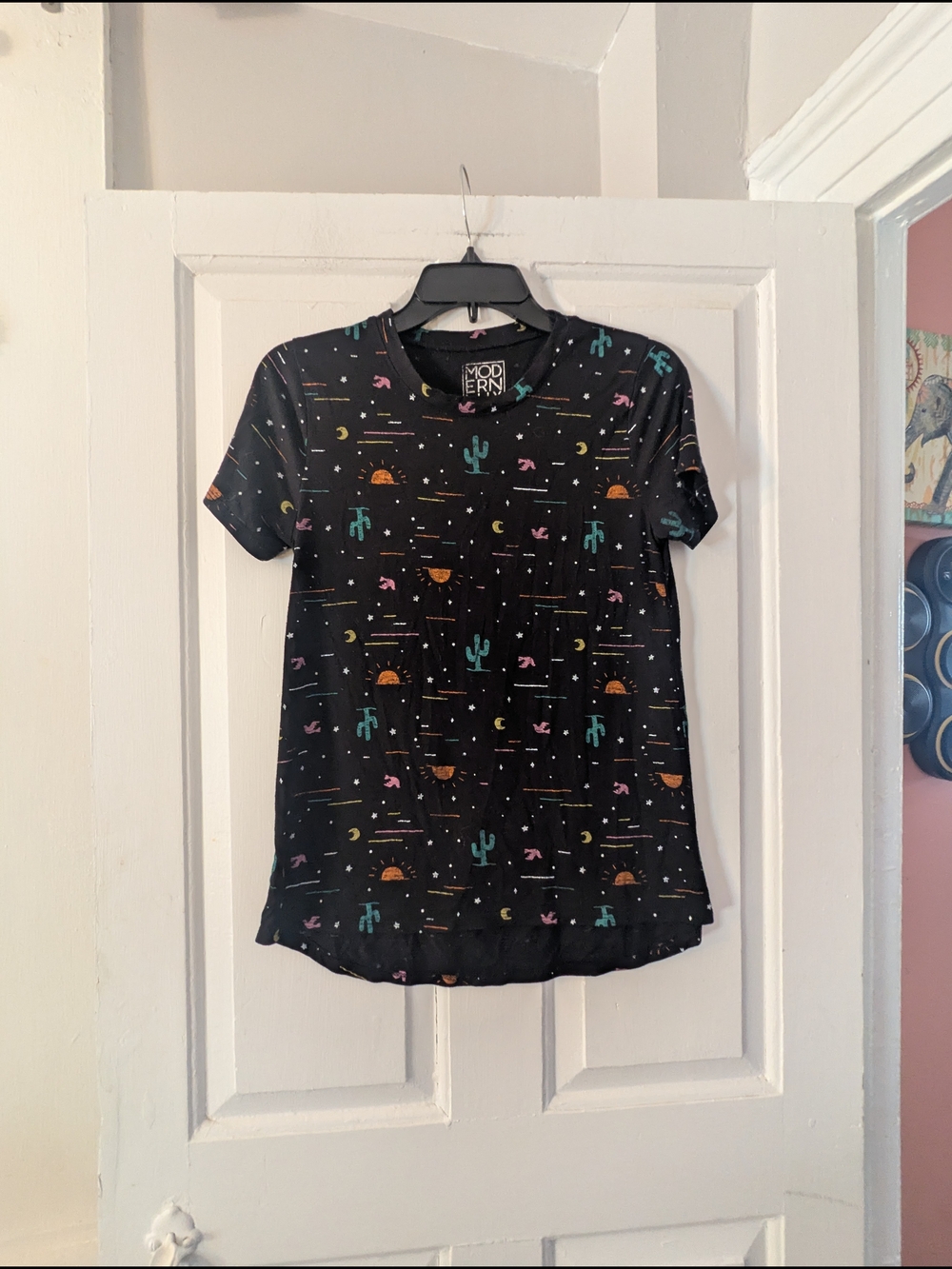 Modern Lux Black Short Sleeve Tee with Teal Cactus & Orange Sun Print